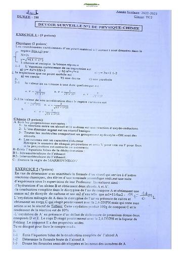 Sujets de Physique-Chimie Terminale C Lycée Classique 2022-2023