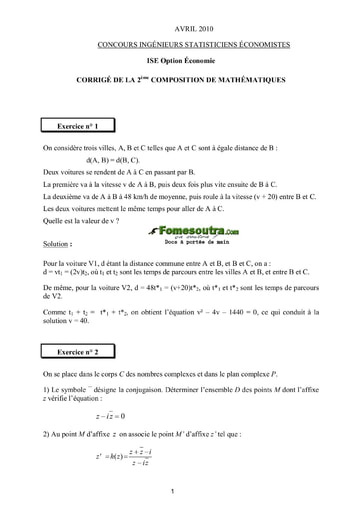 Corrigé 2ème épreuve de maths ISE option économie 2010 (ENSEA - ISSEA)