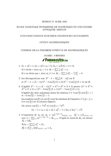 Corrigé 1ère épreuve de maths ISE option maths 2003 (ENSEA)