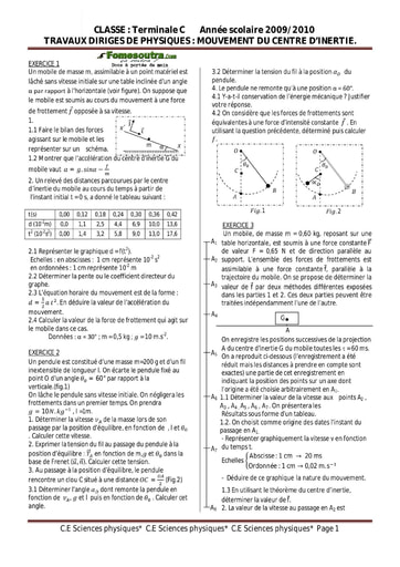 Sujet (2) Mouvement d'un centre d'inertie - Physique Terminale C