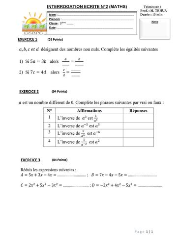 INTERROGATION DE MATHS N°1 3ième Octobre 2025 PROVINCIAL by TEHUA