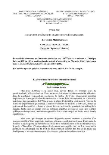 Sujet de Contraction de texte ISE option maths 2011 (ENSEA - ISSEA - ENSAE)