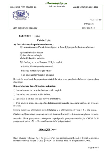 Devoir de Physique Chimie Terminale-D - Le Petit Collège ILA -2021-2022