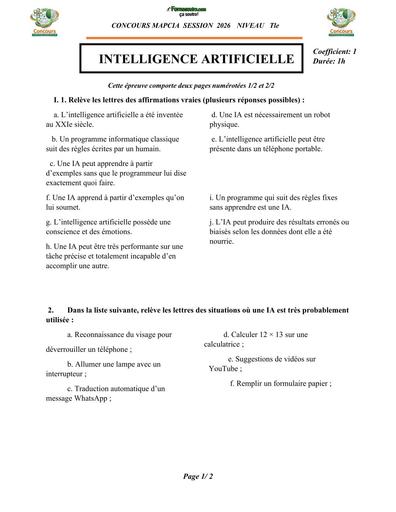 CONCOURS MAPCIA SESSION 2026 INTELLIGENCE ARTIFICIEL NIVEAU Tle SUJET BY TEHUA