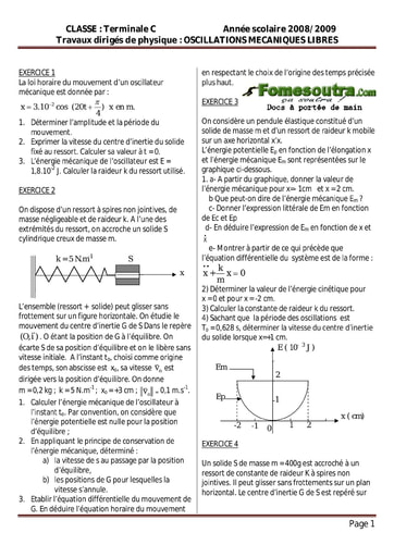 Sujet (1) Oscillations mécaniques libres - Physique Terminale C