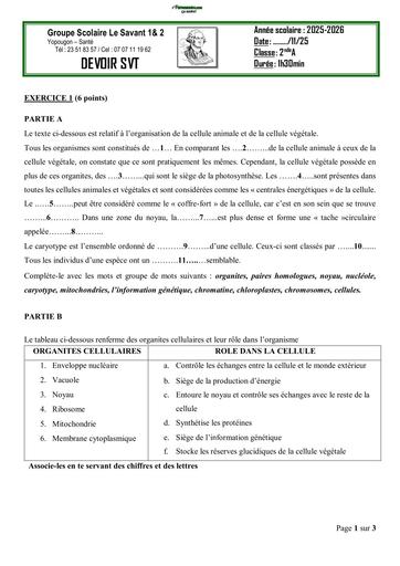 Sujet 2nde A DEVOIR SVT 2nd A CELLULE ET MITOSE GS Le savant 1&2 by TEHUA