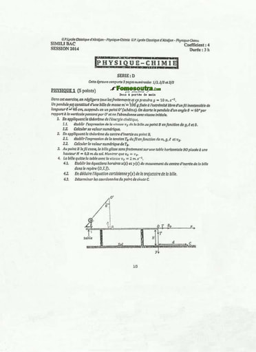 Sujet de Physique-Chimie BAC blanc 2014 série D Lycée Classique d'Abidjan