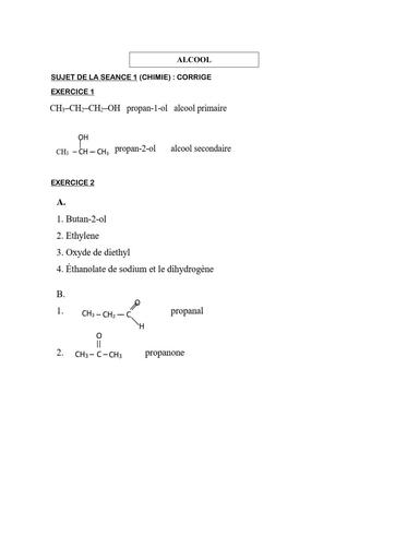COURS DE VACANCES CHIMIE Tle CORRIGE SUJET 1 (ALCOOL)