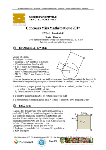 Concours Miss Maths 2017 niveau Tle C