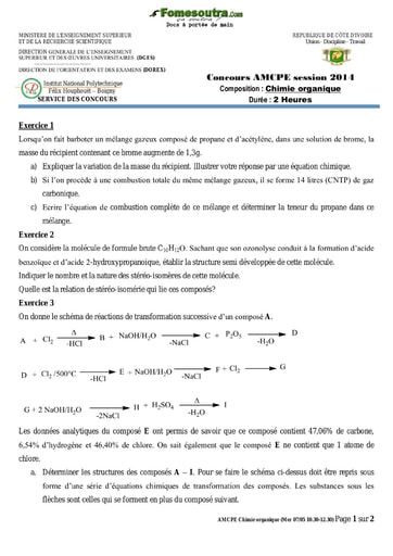 Sujet de Chimie organique concours AMCPE 2014