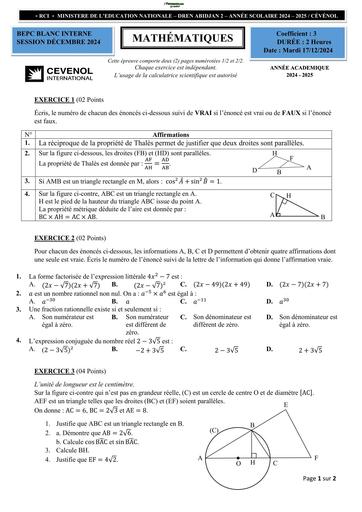 SUJET DE Maths BEPC Blanc Cevenol 2024 2025 by TEHUA
