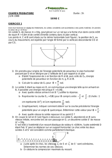 Sujet de Physique-Chimie 1 ère C examen Probatoire 1988