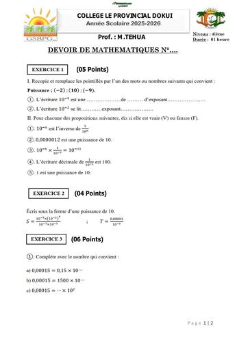 DEVOIR DE MATHS N°1 4ième (Notations Scientifiques) PROVINCIAL Octobre 2025 by TEHUA