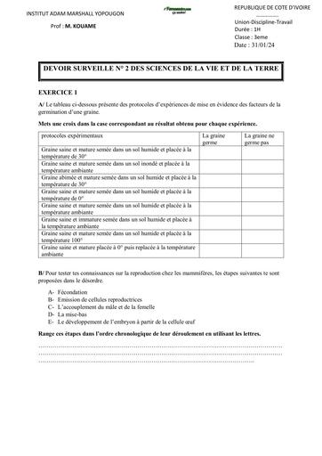 SUJET 3ième devoir SVT COLLEGE ADAM MARSHALL by TEHUA
