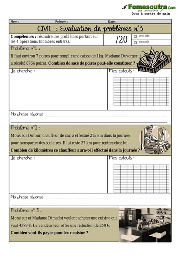 Évaluation de problème (3) niveau CM1