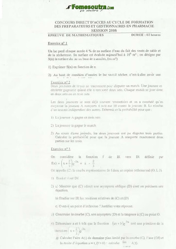 Sujet Maths Préparateur et Gestionnaire en Pharmacie INFAS 2008