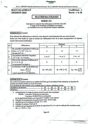 BAC 2026 Maths série G1 sujet+ barème Ci By TEHUA