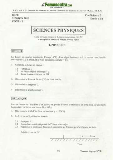 Sujet de Physique Chimie BEPC 2010 zone 1