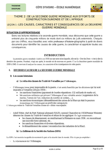 Les causes, caractères et conséquences de la deuxième guerre mondiale - Cours d’Histoire niveau 3eme