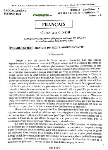 EPREUVE ET CORRIGE BAC 2022 FRANCAIS SERIES ABCDEH COTE D'IVOIRE avec bareme by TEHUA