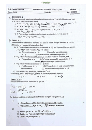 Sujet Mathématiques TD Lycée Classique Abidjan 2021-2022