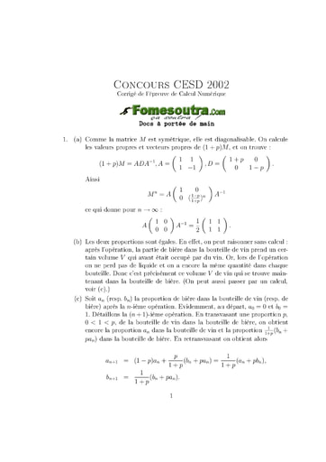 Corrigé Calcul numérique ISE option maths 2002 (ENSEA)