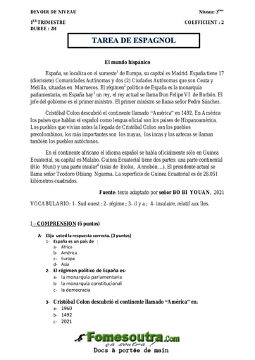 Devoir d'Espagnol niveau Troisième