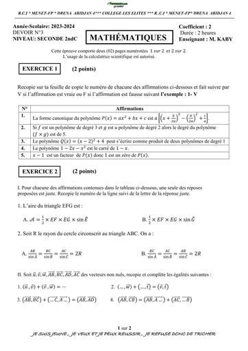 DEVOIR DE NIVEAU MATHS 2nde C TRIMESTRE 2 KABY 2024 BY TEHUA