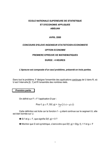 Sujet 1ère épreuve de maths ISE option économie 2000 (ENSEA)