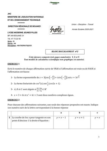 BAC BLANC 2021 SUJET DE MATHS SERIE D DRENA BOUAKE LYCEE JEUNE FILLES BY TEHUA