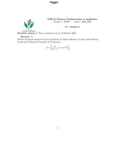 MATHS SUP L1 DEVOIR UFR SFA MATHS INFO UE ANALYSE 1 LICENCE 1 MIPC BY TEHUA