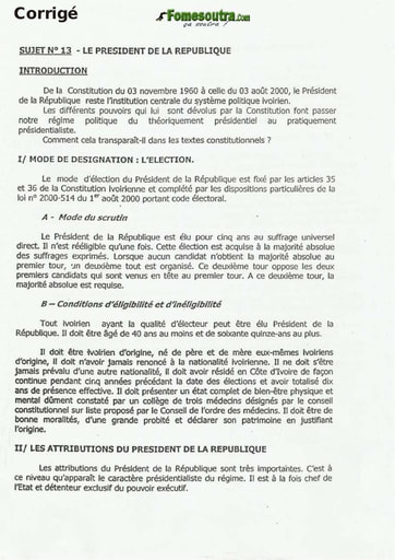 Sujet Corrigé de Dissertation: Le Président de la République