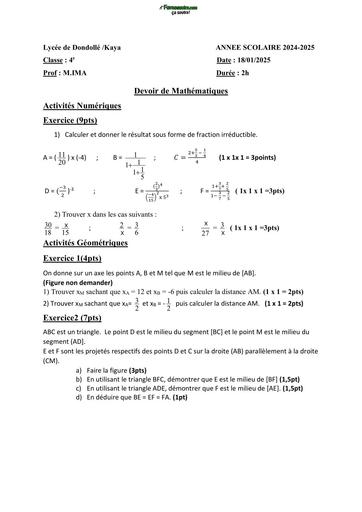 Sujet 3ième Devoir de maths du 2eme trimestre Collège Dondollé By Tehua