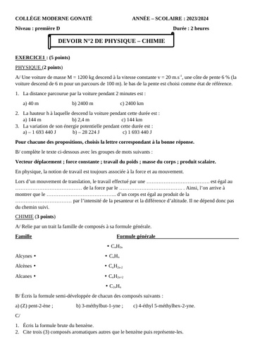 DEVOIR 2 PC 1ière D 2023 2024 by Tehua