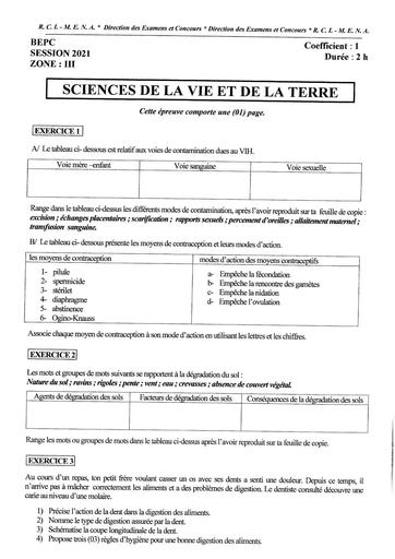 EPREUVE BEPC 2021 SVT ZONE 3 COTE D'IVOIRE by Tehua