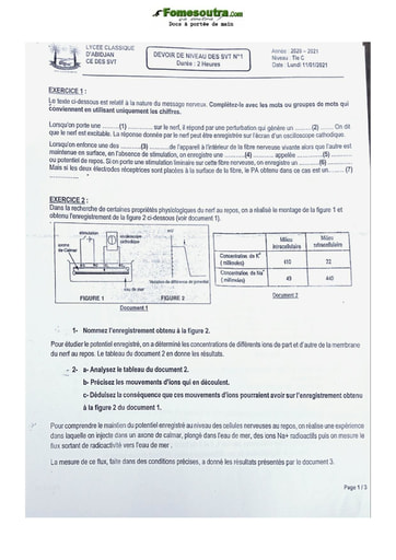 Sujet SVT Terminale C Lycée Classique Abidjan 2020 2021