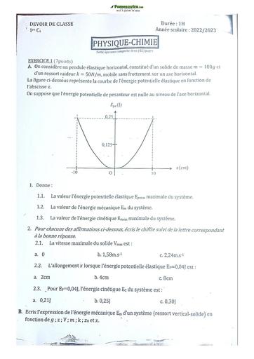 Sujet de Physique-Chimie Première C Lycée Classique Abidjan  2023