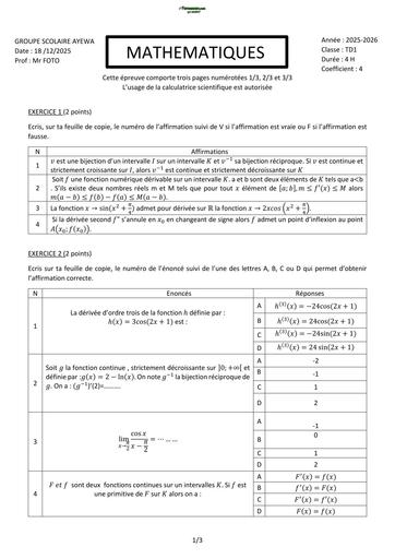 DEVOIR DE MATHS NIVEAU Tle D AYEWA 2026 TRIM 2 BY TEHUA