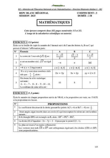 Bepc blanc 2025 dren abidjan 3 Maths sujet+barême BY TEHUA