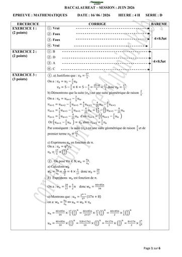 BAC 2026 Maths série D barème Ci By TEHUA