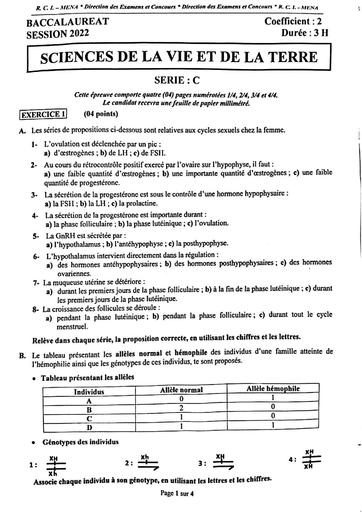 Sujet, corrigé et barème SVT du BAC C 2022