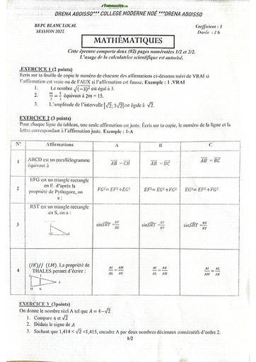 EXAMEN BLANC INTERNE ABOISSO NOE BEPC MATHEMATIQUES 3ième BY TEHUA
