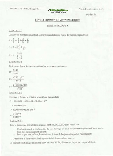 Sujet de maths - Lycée Mamie Houphouet Fetai - 2nd A