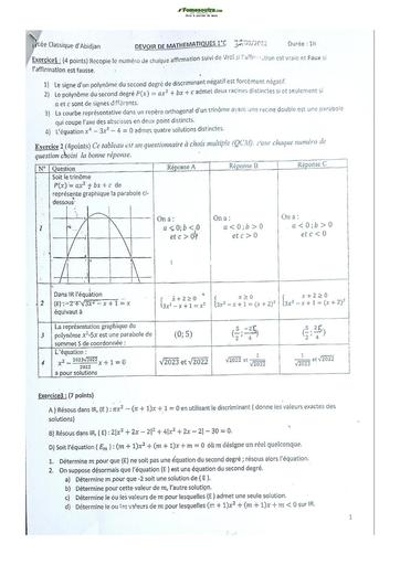 Sujets de mathématiques Première C Lycée Classique Abidjan  2023