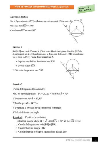 Fiche Travaux dirigés 2nde C angles inscrits by TEHUA