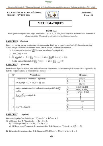 BAC BLANC 2026 DRENA KORHOGO SUJET MATHS SERIE A1 (SUJET) by TEHUA