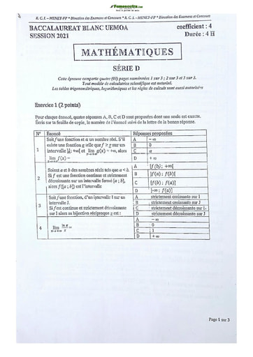 Sujet de Mathématique Terminale D Lycée Classique Abidjan 2022