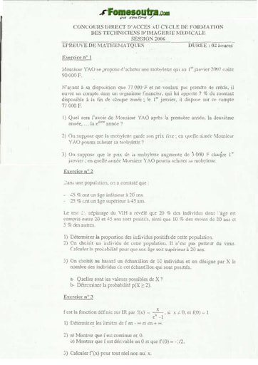 Sujet Maths Technicien d'Imagérie Médicale INFAS 2006