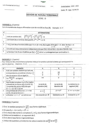 DEVOIR DE NIVEAU MATHS Tle D UP PORT BOUET TRIMESTRE 3 BY TEHUA