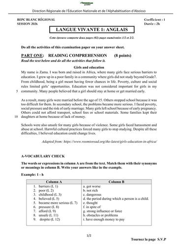 BEPC BLANC 2026 DRENA ABOISSO SUJET LV1 ANGLAIS (SUJET) by TEHUA